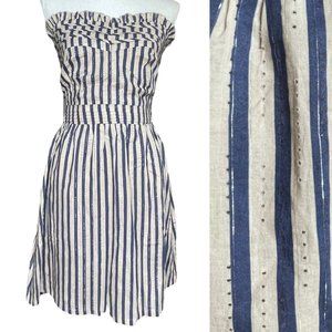 Striped Sweetheart Strapless Dress M Cotton Metallic Smocked Tube Pleated Bust